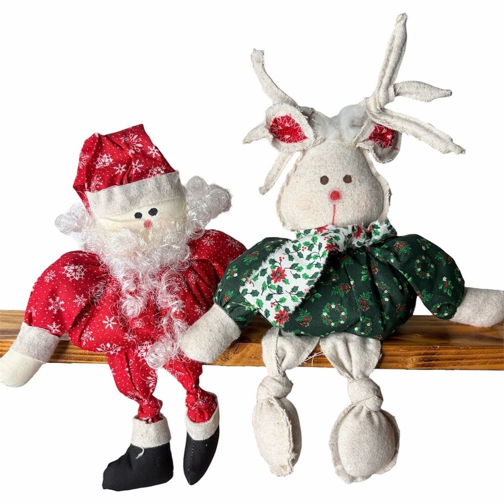 Christmas Shelf Sitter Decor Handmade Fabric Cottagecore Santa Reindeer Stuffed
